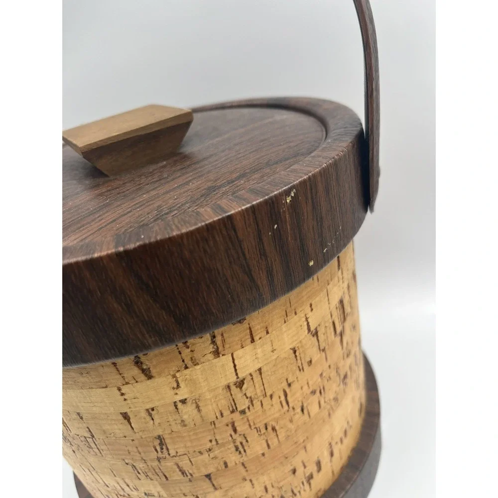 Vintage 1970s Cork Ice Bucket Faux Wood Grain MCM Barware Retro Decor
